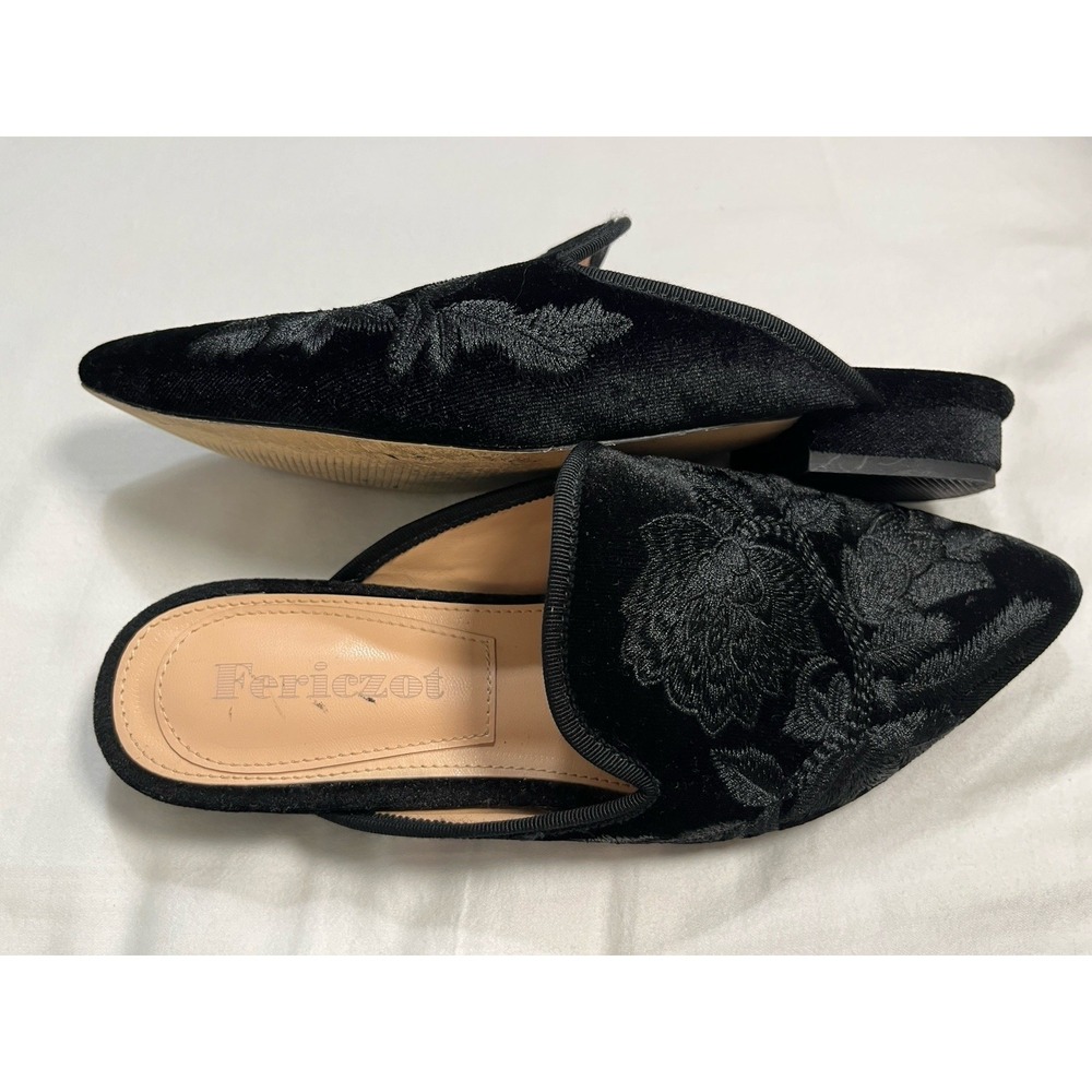 Fericzot Black Velvet Embroidered Mule Flats Pointed Toe Slip On Floral Shoes 6 - Picture 6 of 9